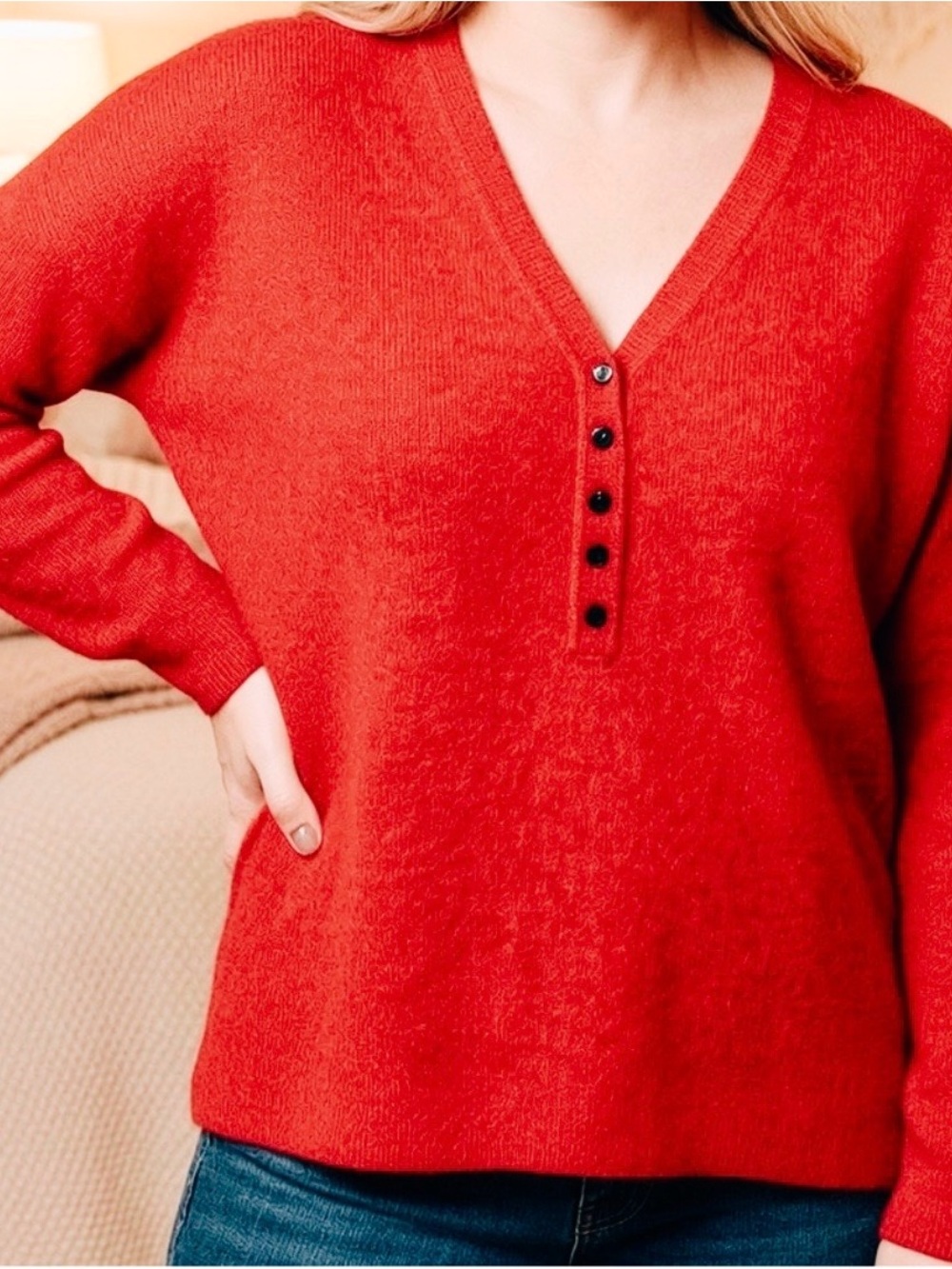 Madewell Red V-Neck Henley Sweater with Button Placket